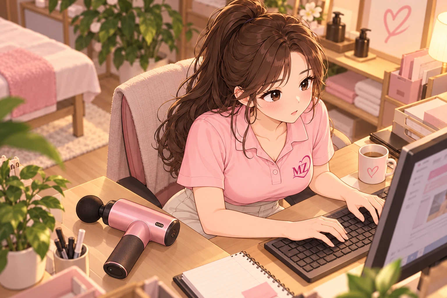 마사지건을 바로 옆에 두고 컴퓨터 작업에 집중하는 여자 관리사 일러스트