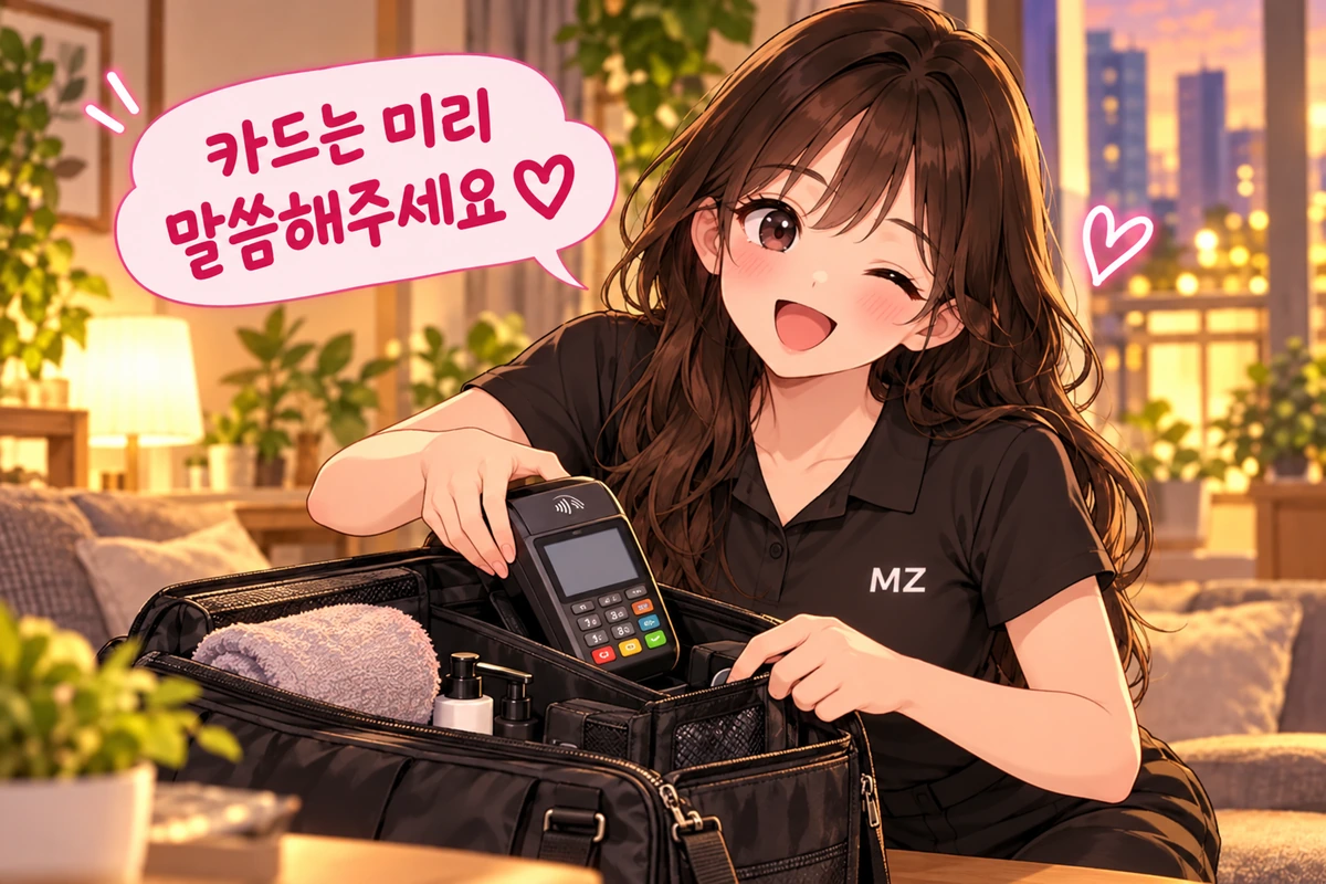 카드 결제 예약에 맞춰 카드 리더기를 용품 가방에 챙기는 MZ홈타이 여자 관리사 일러스트
