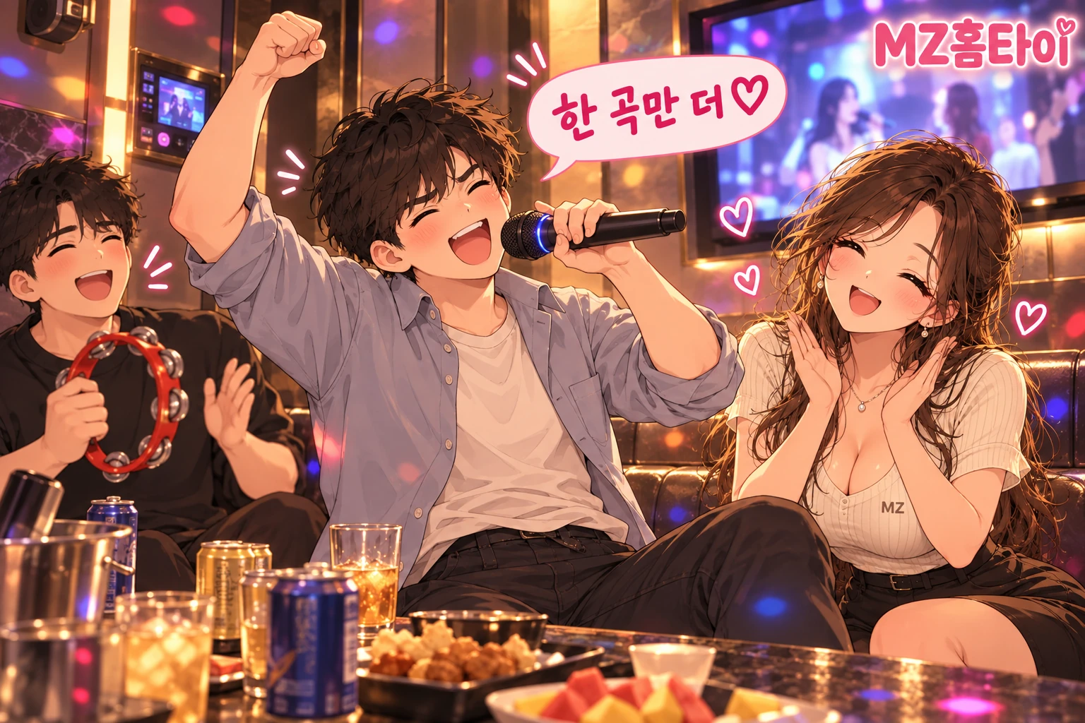 신림 노래방에서 마이크를 잡고 노래하는 남성과 탬버린을 든 친구 일러스트
