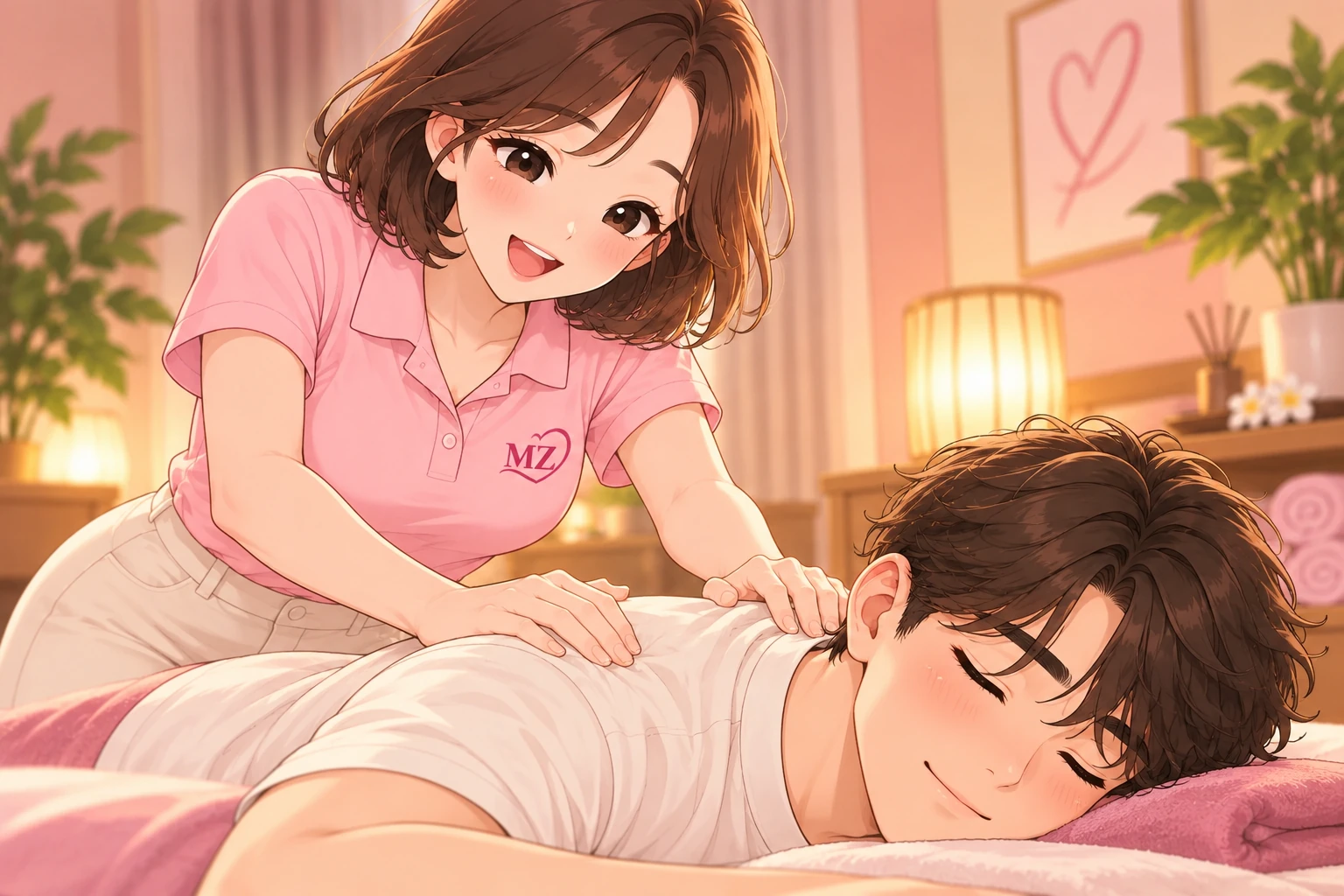 편하게 누운 고객의 어깨를 손으로 마사지하는 MZ홈타이 관리사 일러스트