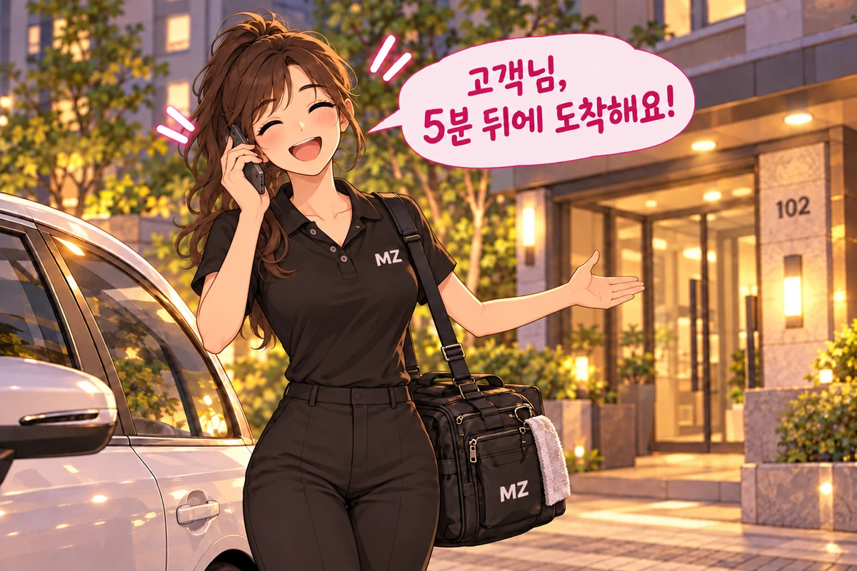 고객에게 도착 5분 전 전화로 안내하는 MZ홈타이 여성 직원 일러스트