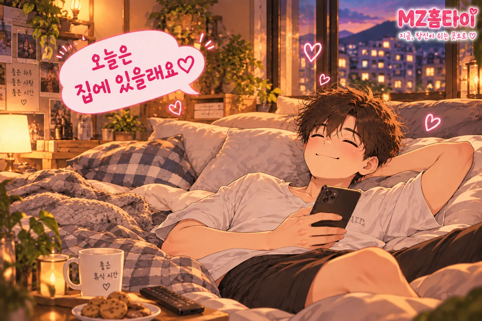 신림 자취방 침대에서 혼자 휴대폰을 보며 편하게 쉬는 남성 일러스트