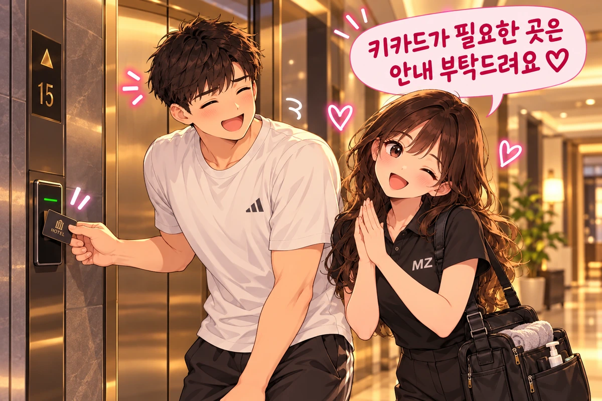 호텔 엘리베이터 키카드로 MZ홈타이 여자 관리사를 안내하는 고객 일러스트