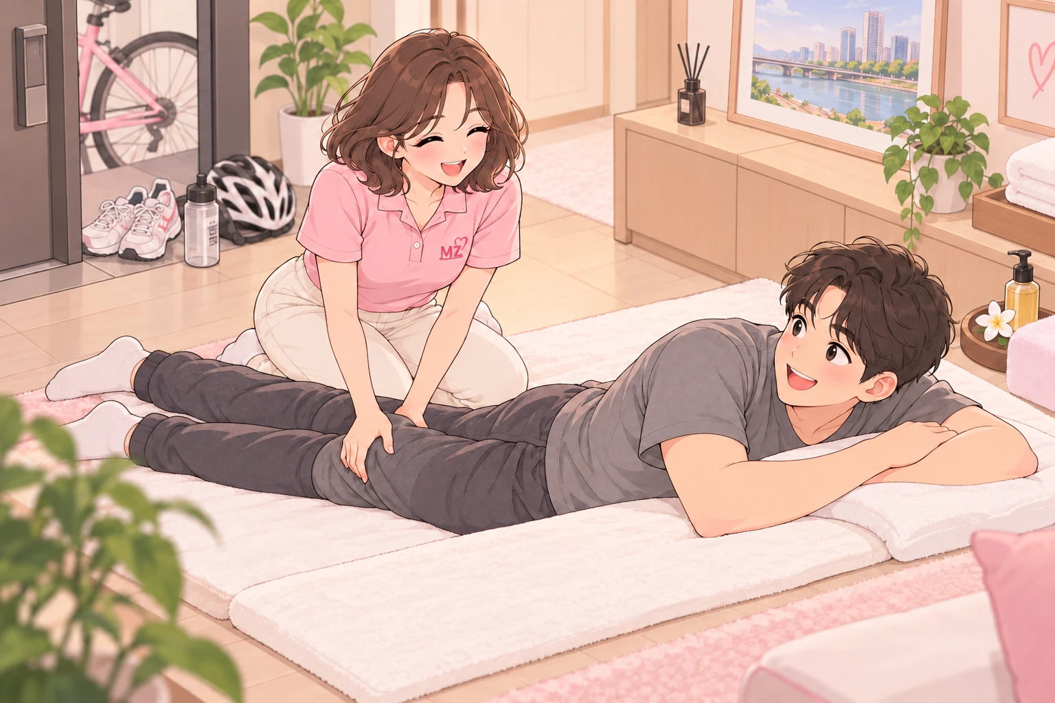한강 산책과 자전거 타기 후 집에서 하체 관리를 받는 모습
