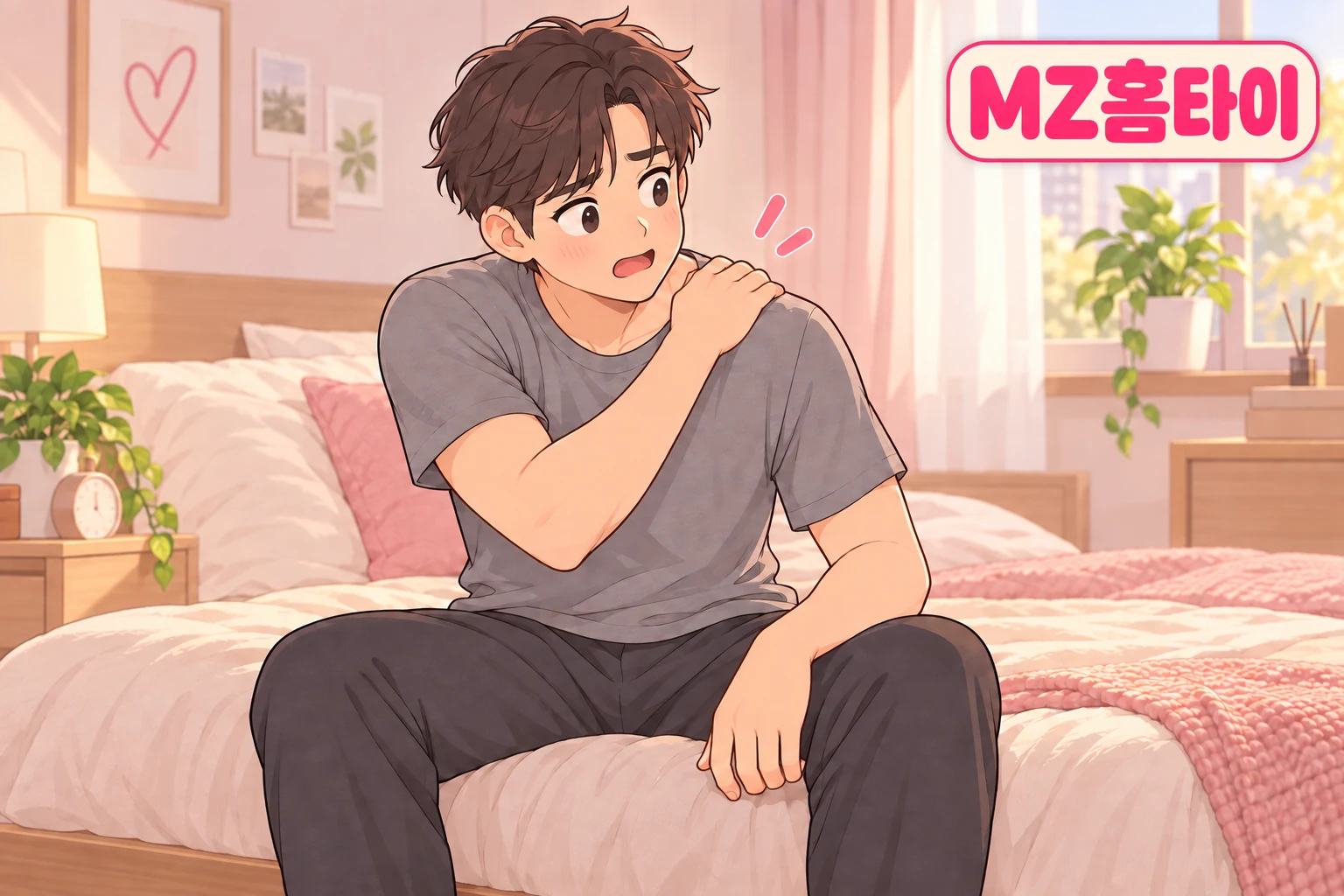 마사지 받은 다음 날 침대에 앉아 뻐근한 어깨를 만지는 남성 일러스트
