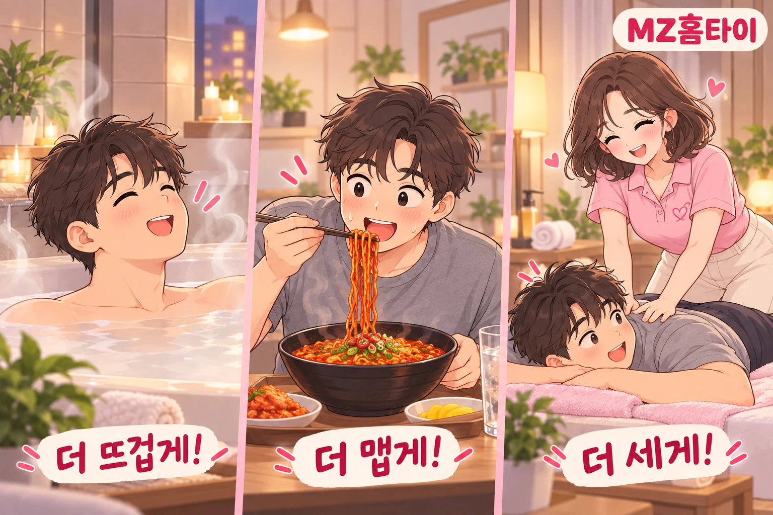 뜨거운 목욕과 매운 음식, 강한 마사지를 좋아하는 모습을 비교한 세 컷 일러스트