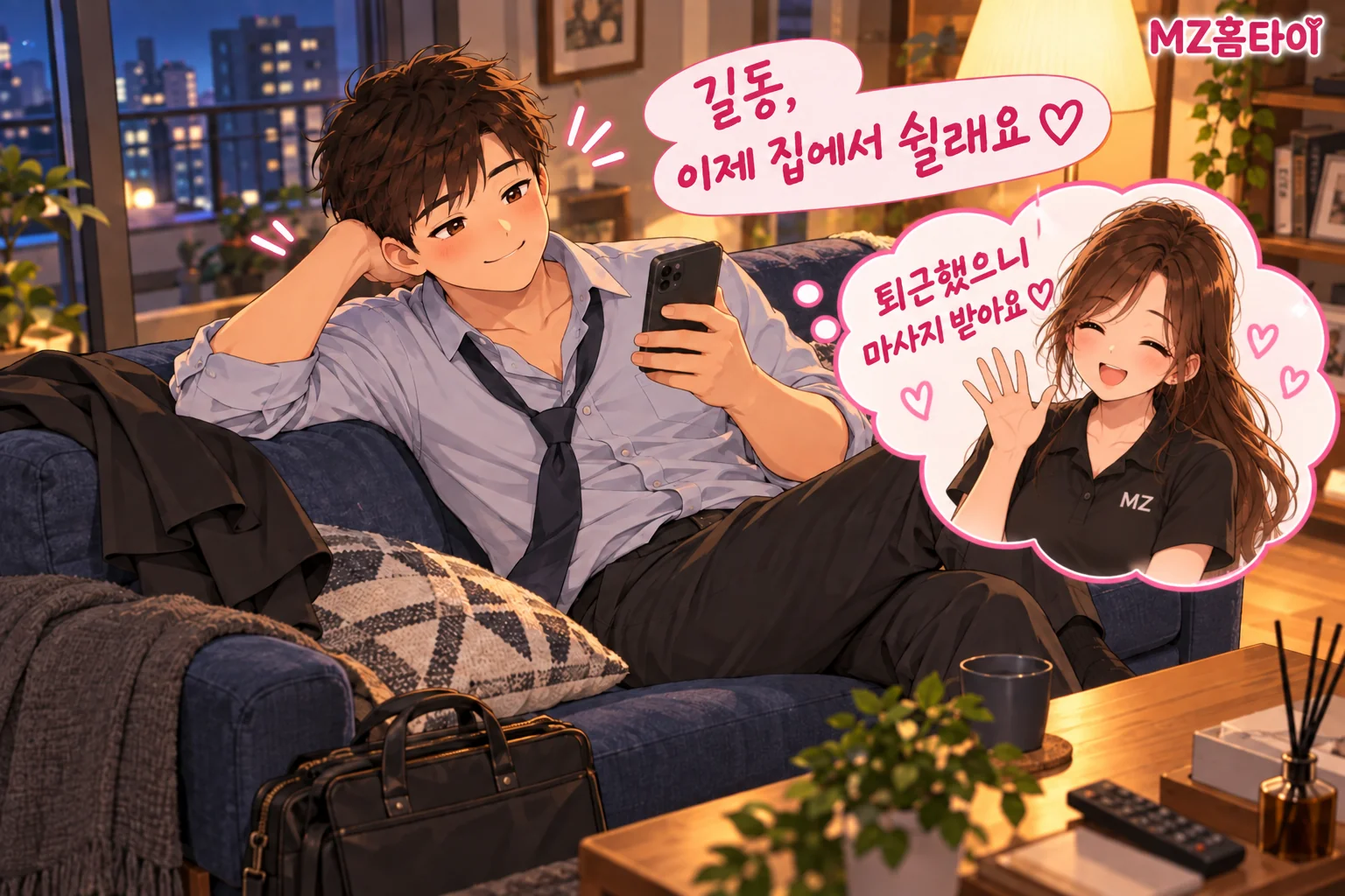 길동 자택에서 퇴근 후 소파에 앉아 휴대폰을 보는 남성과 생각구름 속 관리사 일러스트