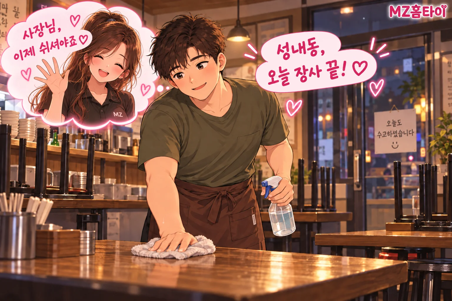 성내동 음식점에서 마지막 테이블을 닦는 사장님과 생각구름 속 MZ 관리사 일러스트