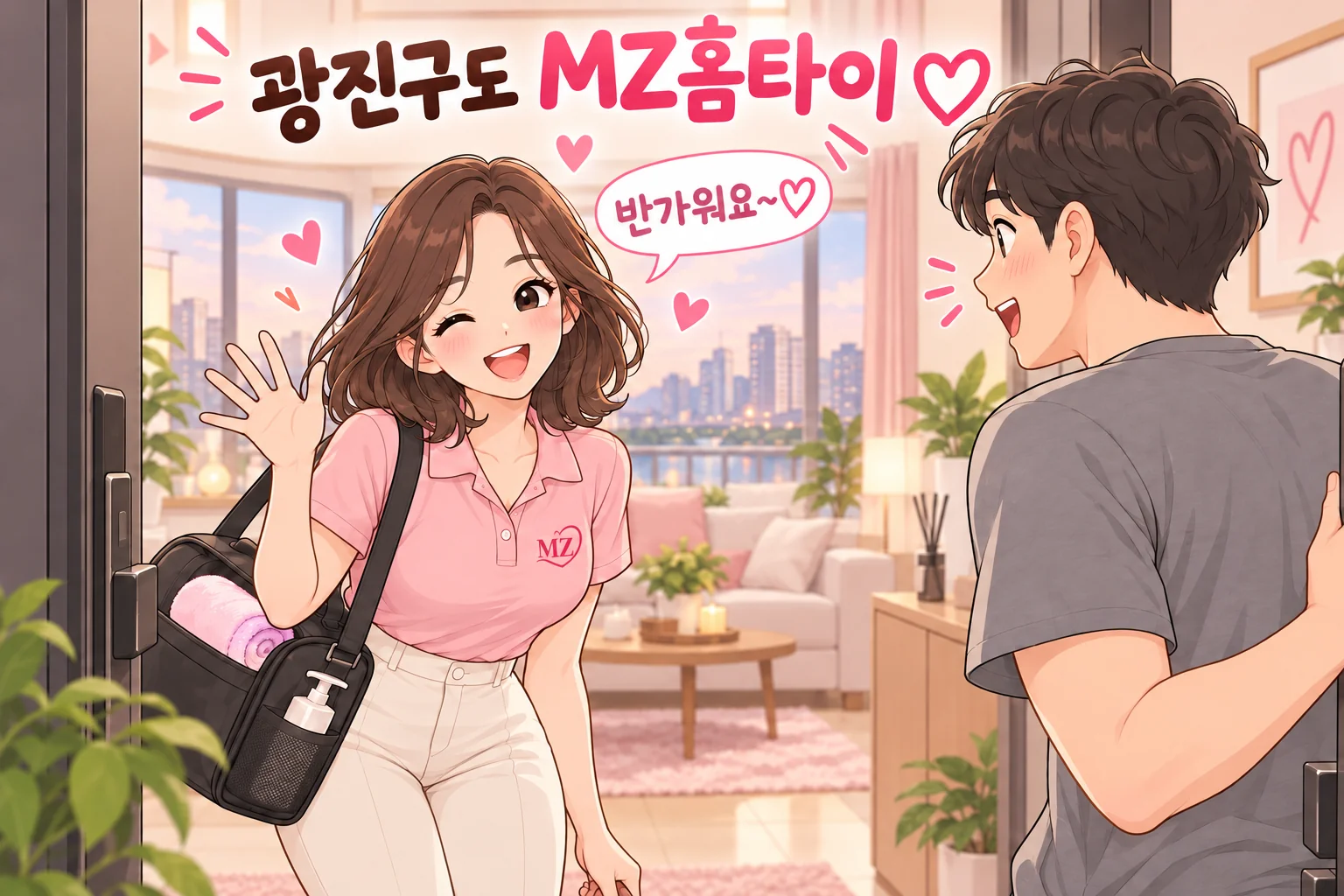 광진구 출장 마사지 MZ홈타이 관리사가 집에 방문해 인사하는 일러스트