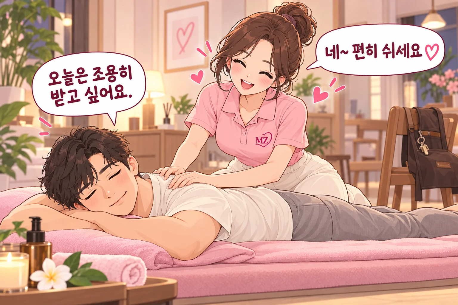 가게 마감 후 집에서 조용히 마사지를 받는 일러스트