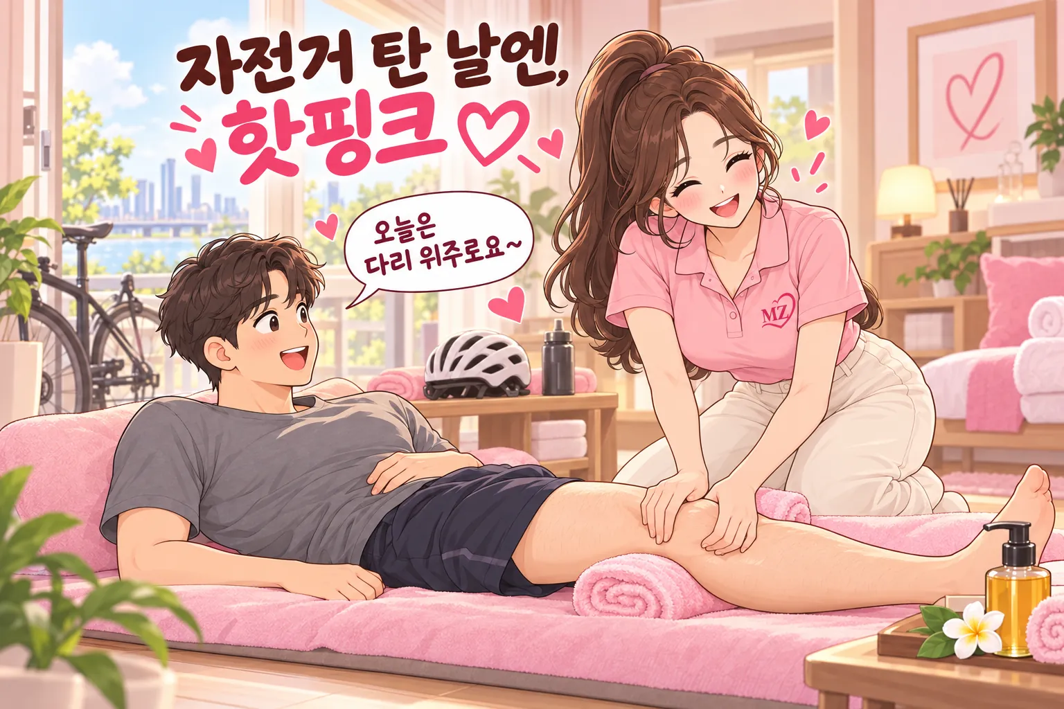 자전거를 타고 온 고객이 핫핑크 코스로 종아리 관리를 받는 일러스트