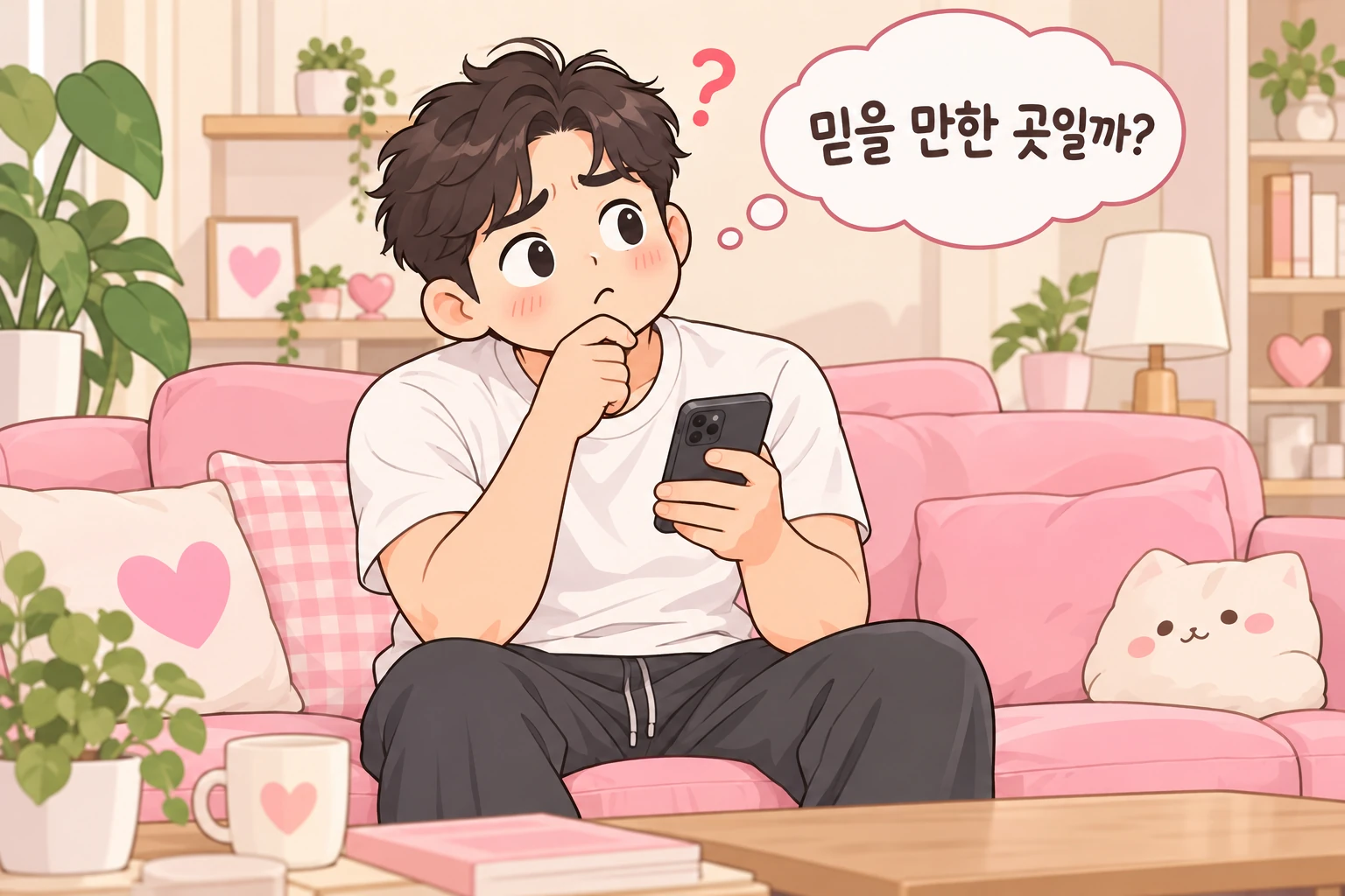소파에 앉아 휴대폰으로 예약할 업체를 살펴보는 고객 일러스트