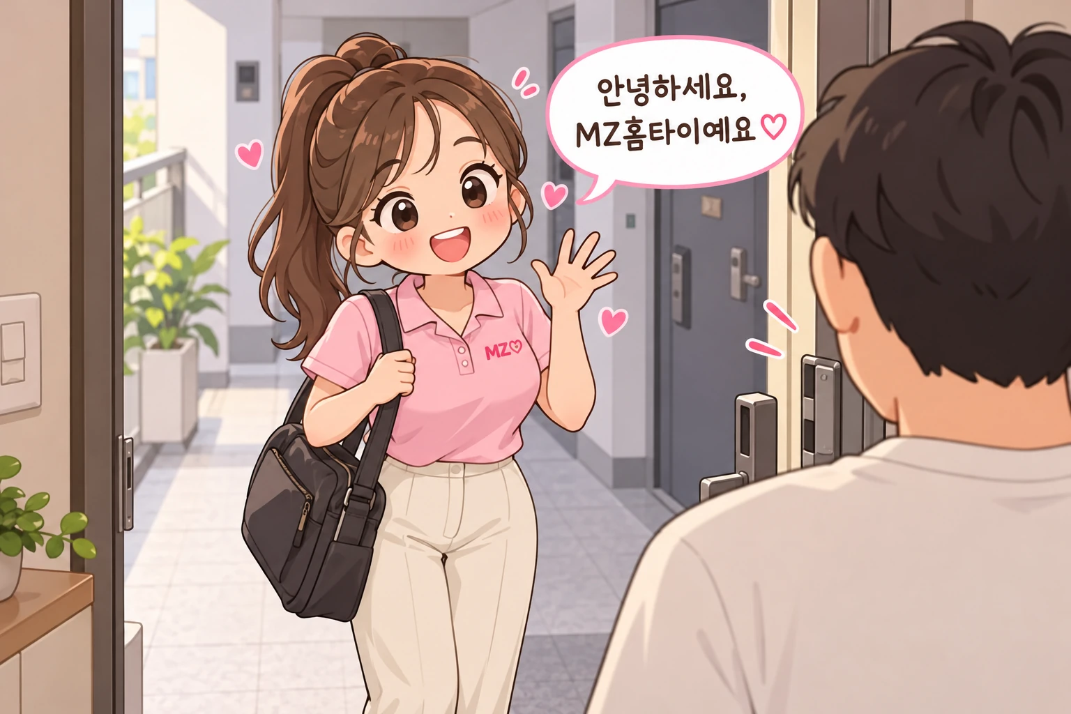 출장 가방을 든 관리사를 현관에서 맞이하는 고객 일러스트