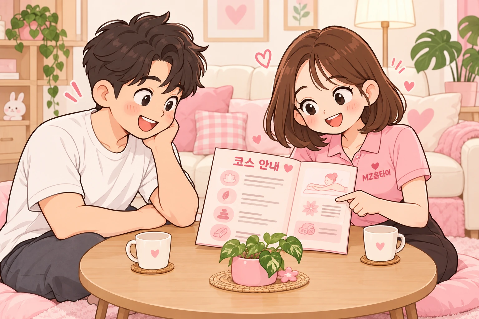 테이블에서 코스 안내를 함께 확인하는 고객과 관리사 일러스트