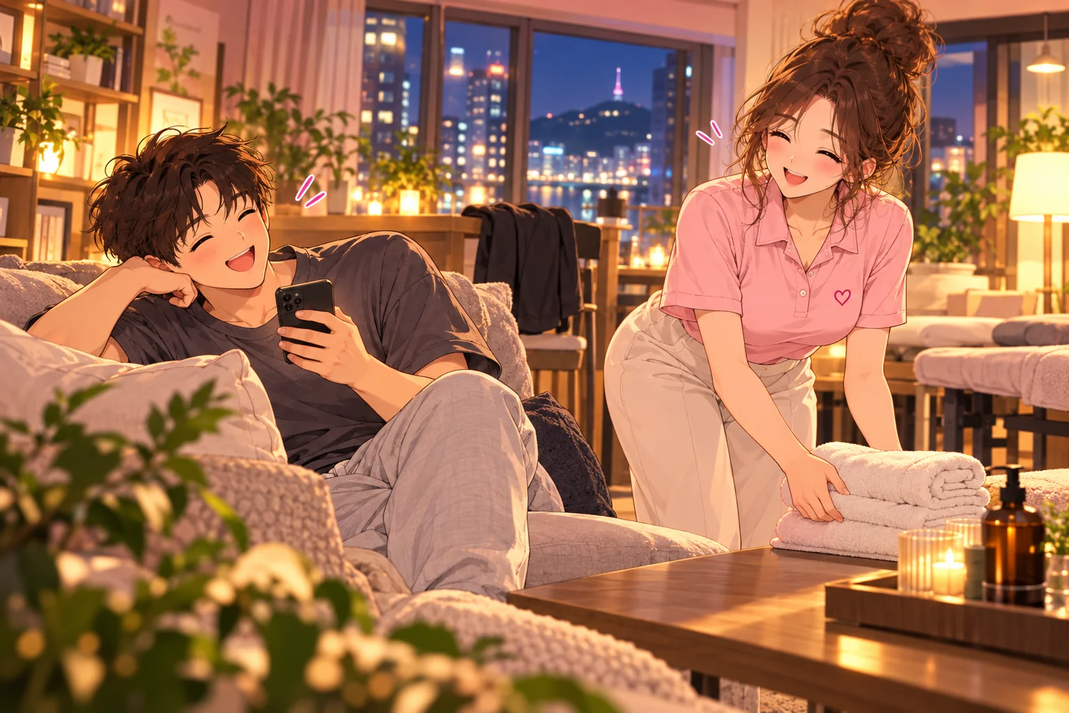 용산 출장 마사지, 외출 후 집에서 쉬며 여성 관리사를 맞이하는 남성 고객 일러스트